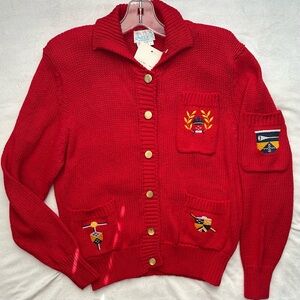Vintage Extra Energy de Rotchild Womens Red Knit Cardigan Sweater L Shield Crest